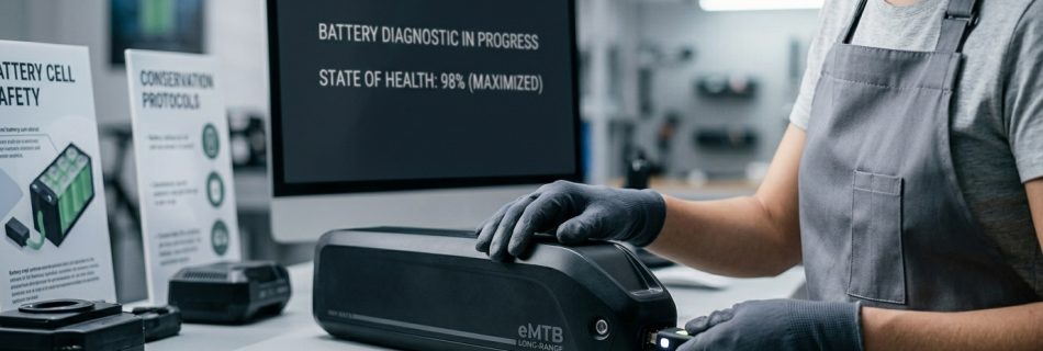 Technician performing a battery diagnostic on a long-range eMTB battery, showing a 98% state of health on a computer monitor.