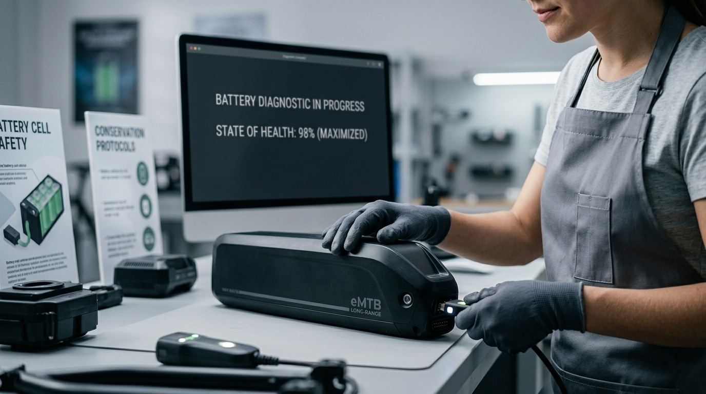 Technician performing a battery diagnostic on a long-range eMTB battery, showing a 98% state of health on a computer monitor.