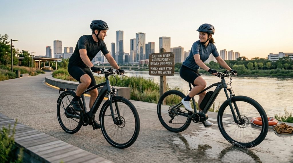 A man on a black urban commuter ebike and a woman on a grey all-road ebike with suspension, riding on a riverside path near a 'caution uneven surfaces' sign with a city skyline background.