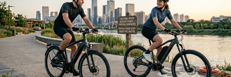 A man on a black urban commuter ebike and a woman on a grey all-road ebike with suspension, riding on a riverside path near a 'caution uneven surfaces' sign with a city skyline background.