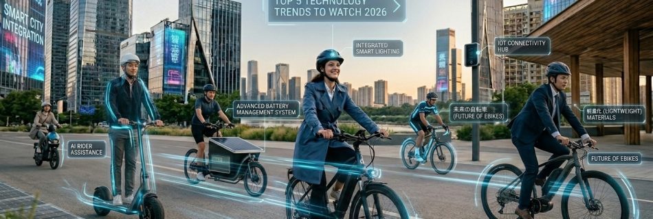 Aerial view of a 2026 smart city with protected ebike lanes, greenery, and integrated public transportation hubs.