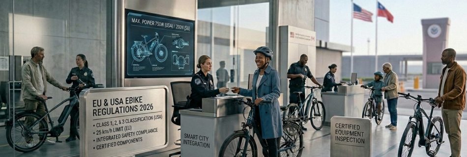 A professional ebike inspection station showing a digital display of EU & USA Ebike Regulations 2026, including Class 1-3 classification and 25 km/h limits.