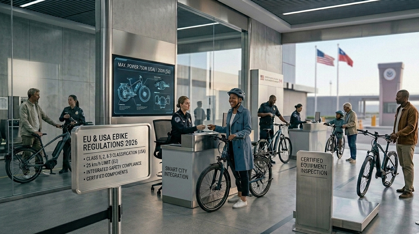 A professional ebike inspection station showing a digital display of EU & USA Ebike Regulations 2026, including Class 1-3 classification and 25 km/h limits.
