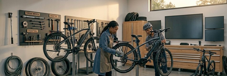 A professional ebike workshop in 2026 featuring a tool board with torque wrenches, chain tools, and technicians performing maintenance on high-end electric bikes.