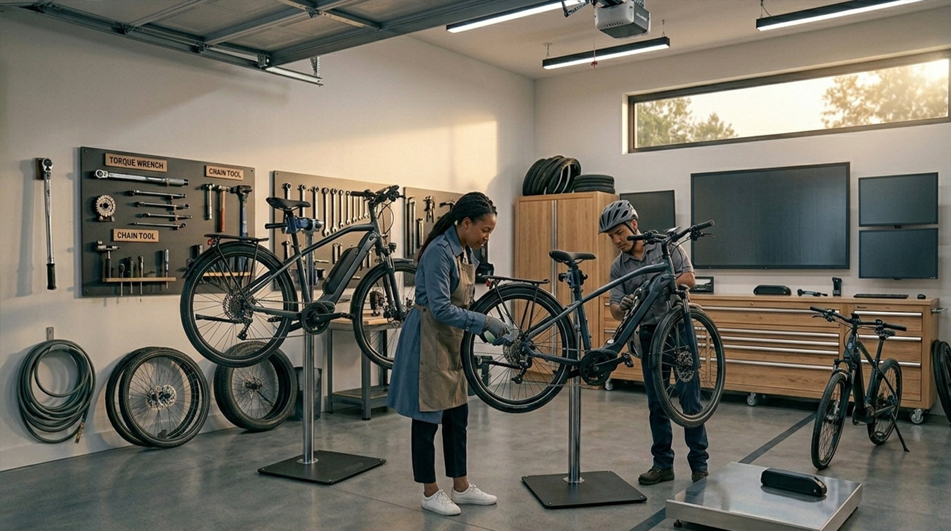 A professional ebike workshop in 2026 featuring a tool board with torque wrenches, chain tools, and technicians performing maintenance on high-end electric bikes.